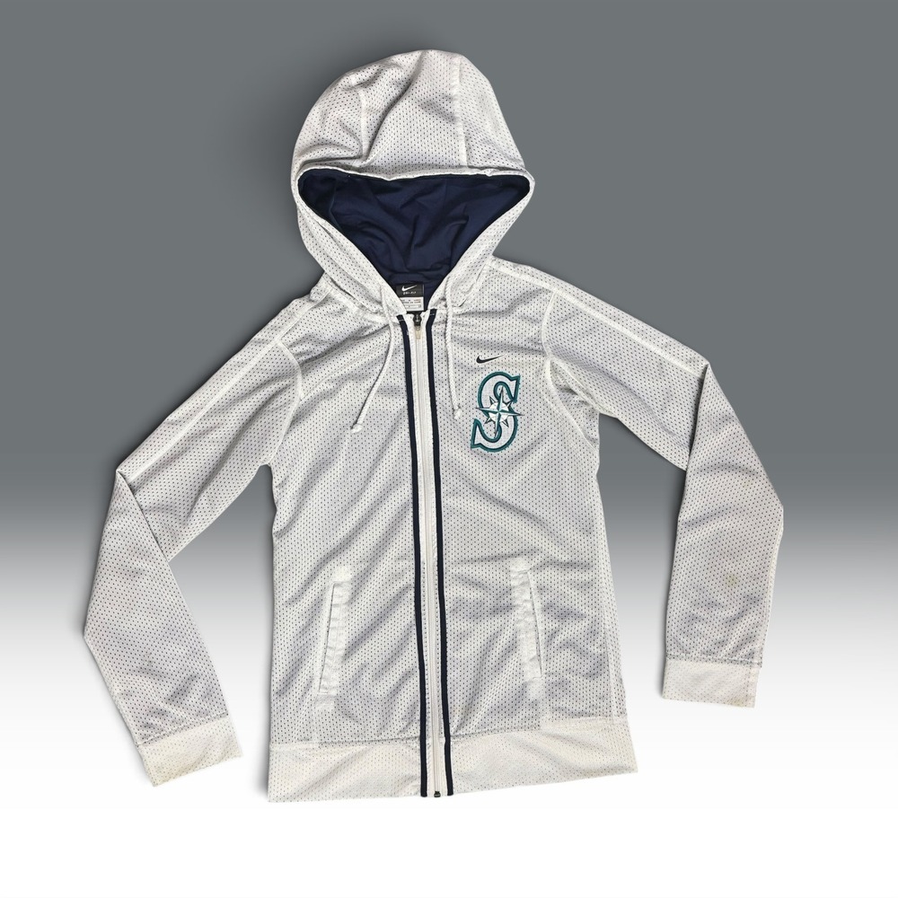 Nike Seattle Mariners MLB Dri-FIT Mesh Full Zip Hoodie White Navy Womens Small
